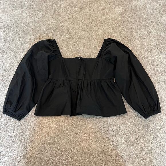 J Crew Women's Cropped Square Neck‎ Longsleeve Cotton Blouse Black Size 8 - Picture 7 of 9